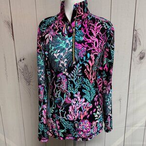 Lilly Pulitzer Luxletic Justine Pullover – Onyx Twilight Coral, Sz S, EUC
